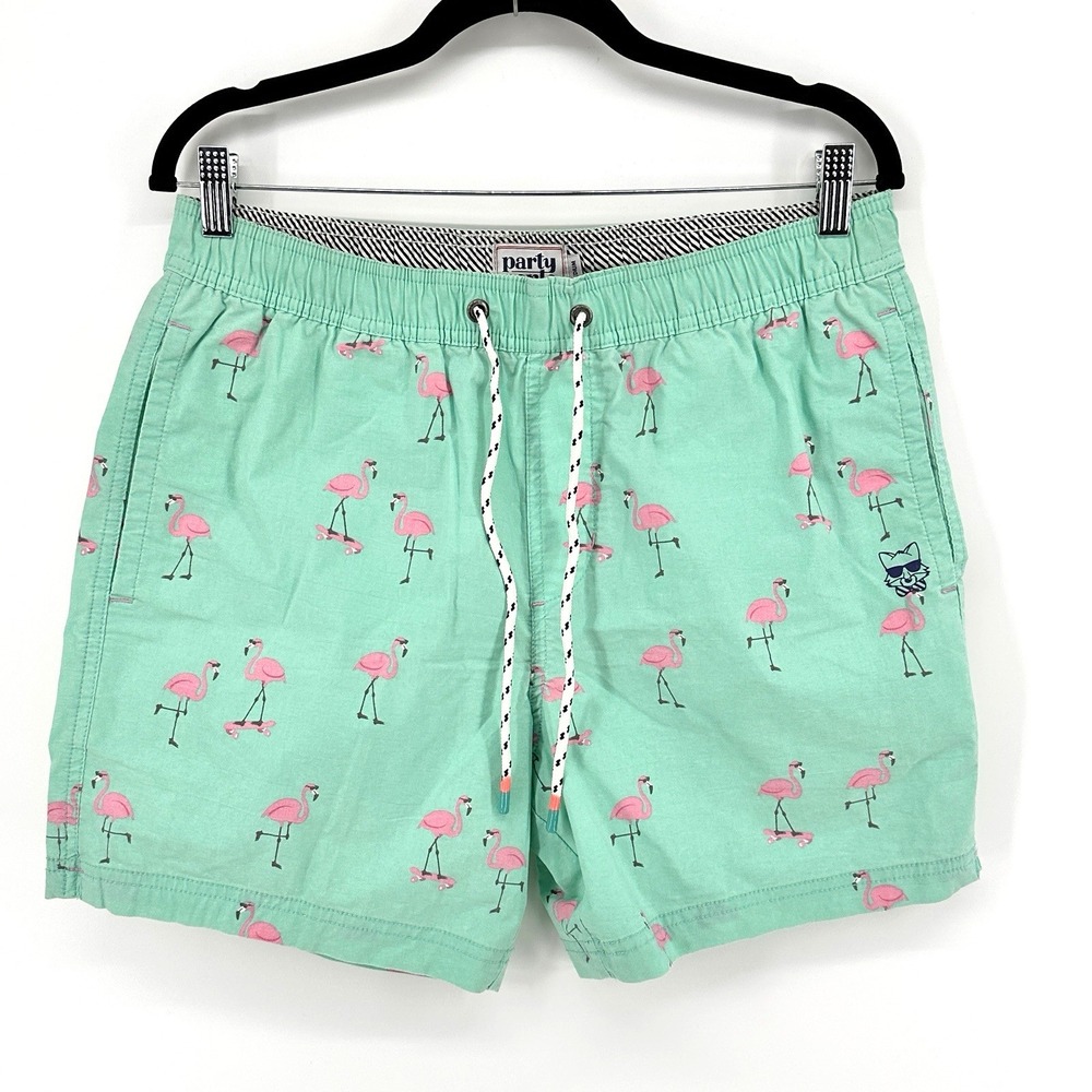 Party Pants Mens M Swim Trunks Teal Flamingo Print Beach Board Shorts Casual